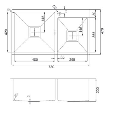 FABIANO Кухонная мойка Quadro TOP 78x2 SS R10 780x470 (8216.401.0611)
